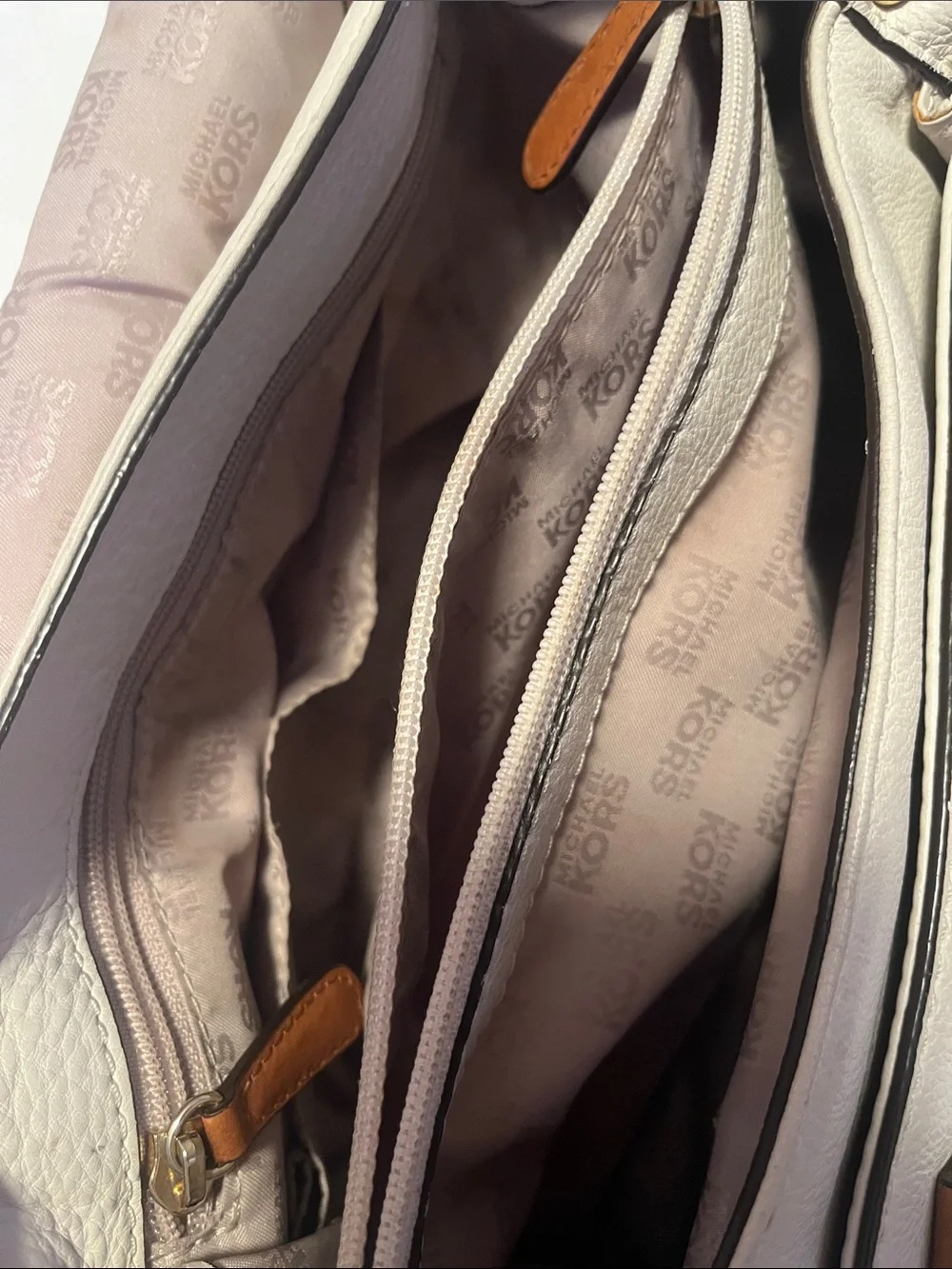 Michael Kors Cream and Brown Leather Satchel with Logo w/ Crossbody Strap EUC - Picture 8 of 8